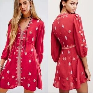 Free People Star Gazer Embroidered Mini Dress in Red
